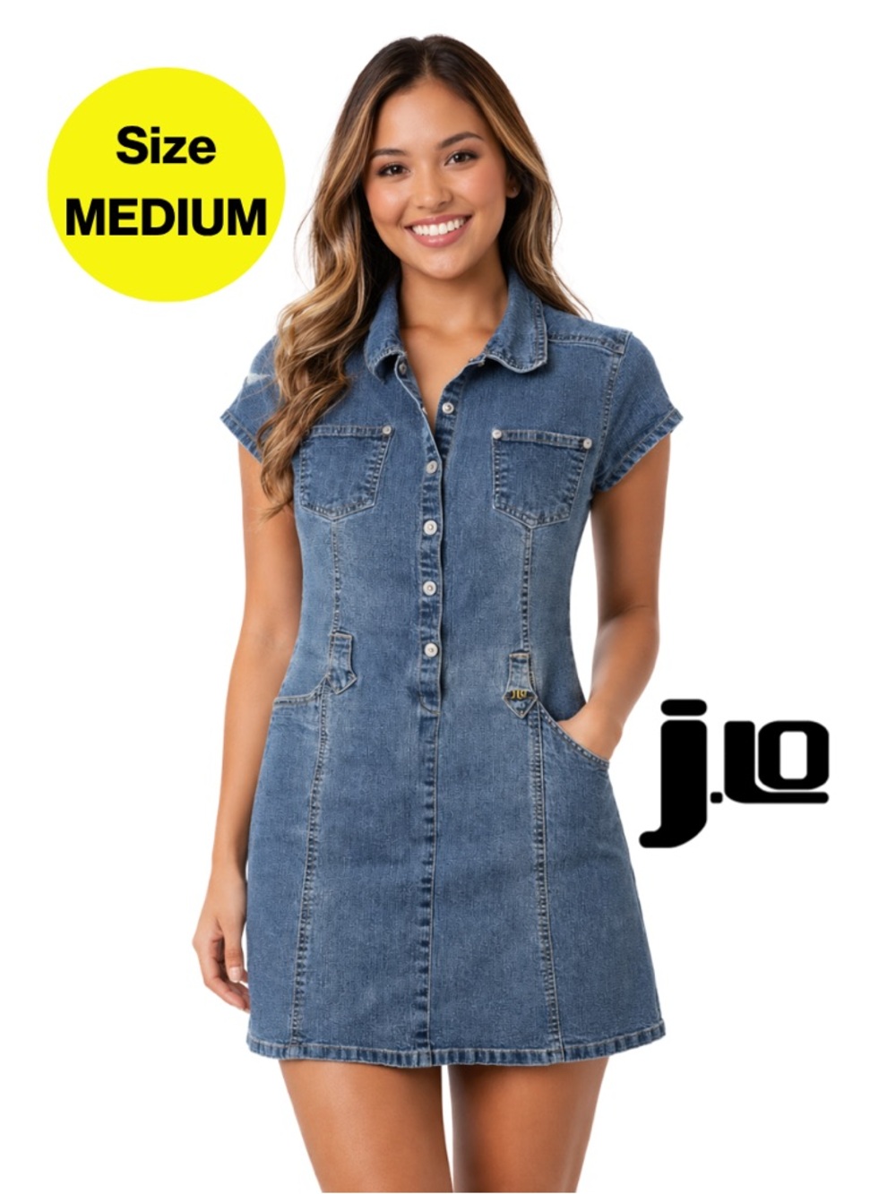 2/for $20 🪩 JLO Jennifer Lopez Blue Denim Button-Front Mini Dress (Teen Large) - Picture 1 of 10